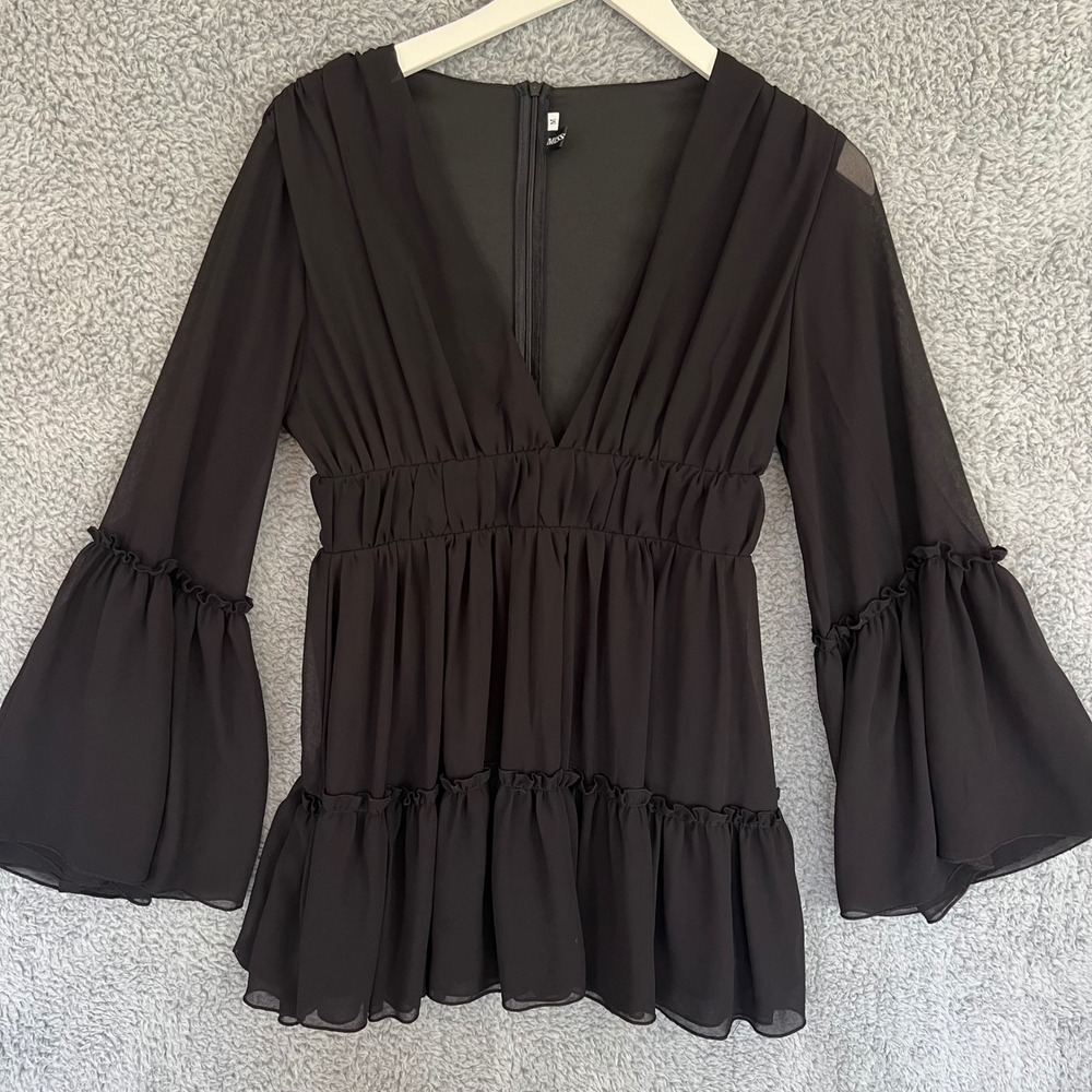 Black Tiered Babydoll Mini Dress Flare Bell Sleeve Medium Flirty Deep V